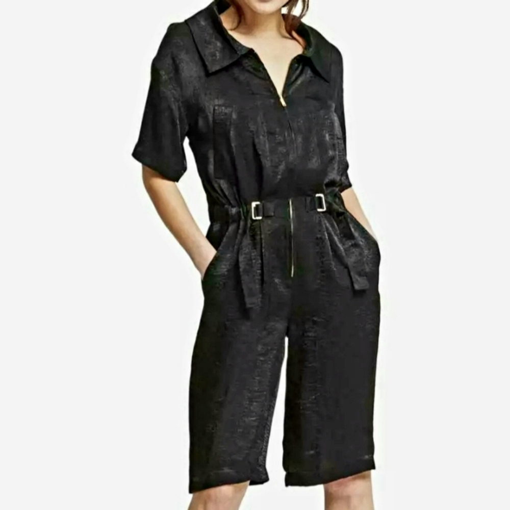 DKNY City Safari Black Collared Zip Down Romper